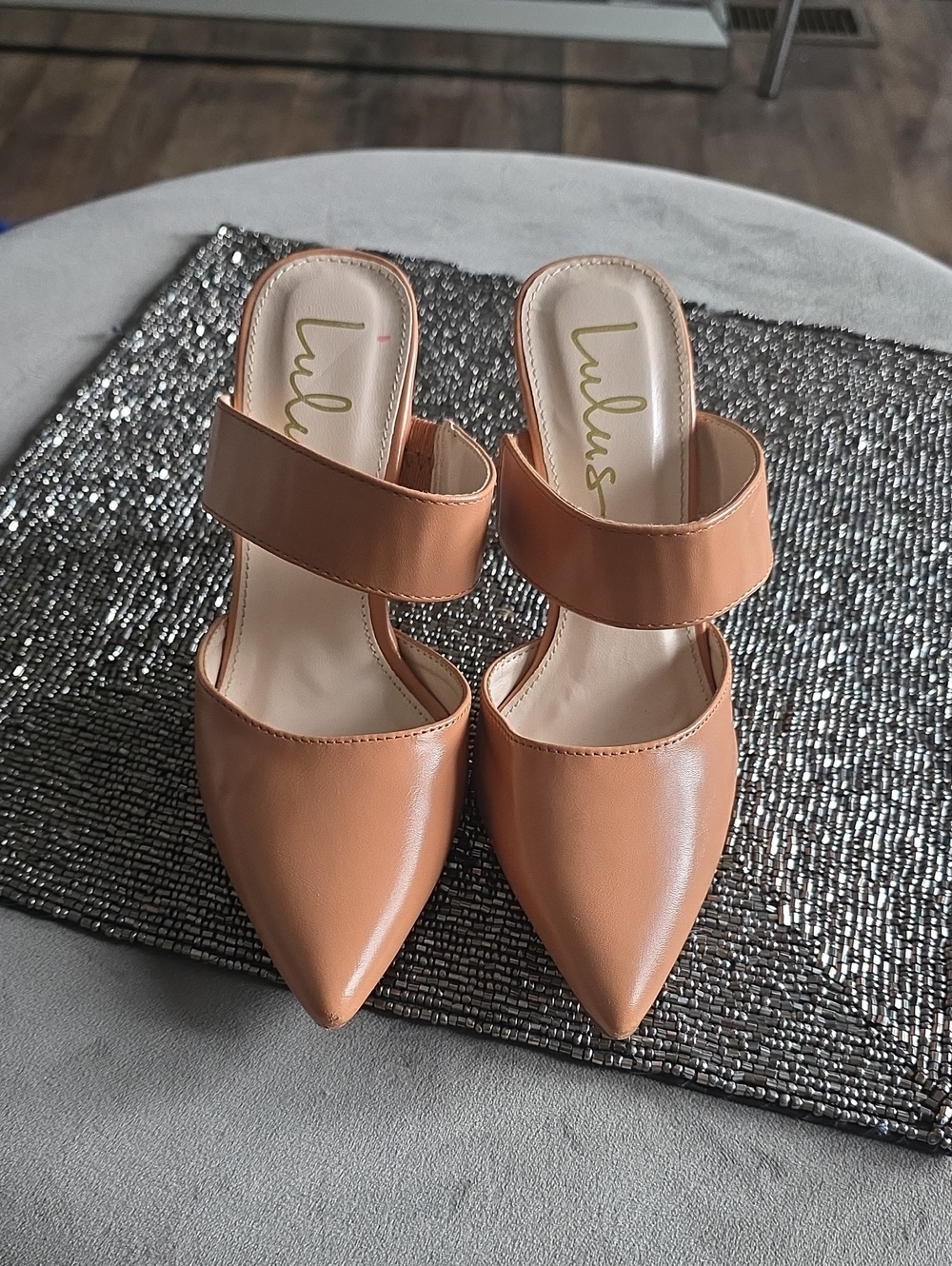 Lulu's Cognac Pointed-Toe Double-Strap Mules